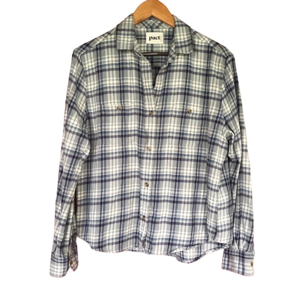 Pact Top Plaid Organic Cotton Button Up Flannel Sz S Pockets Soft Cozy